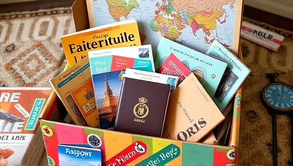 A colorful and vibrant box overflowing with travel guides, passport holders, local souvenirs, and a map, evoking a sense of wanderlust and adventure from the comfort of home.