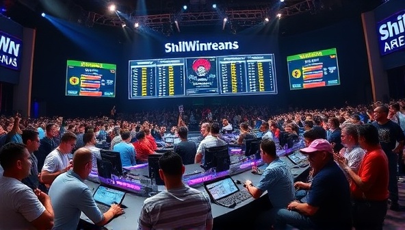 An exciting tournament setting with players engaged in intense gameplay, surrounded by cheering spectators and digital scoreboards displaying rankings and prize pools, capturing the competitive and engaging atmosphere of SkillWin Arena's skill-based gambling tournaments.