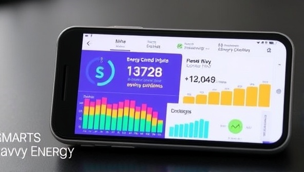 A smartphone screen displaying the SmartSavvy Energy app interface with colorful energy consumption graphs, personalized energy-saving suggestions, and a user-friendly dashboard, conveying a modern and tech-forward approach to energy management.
