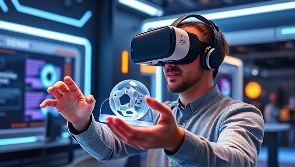An engaging virtual reality scene showing a designer wearing a VR headset, manipulating a 3D product prototype in a digital environment, surrounded by futuristic design elements and interactive tools, highlighting the immersive prototyping experience.