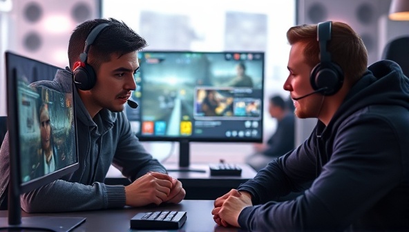 A compelling image of a gaming mentor and mentee engaging in a coaching session, with the mentor providing tips and strategies on a gameplay screen, while the mentee attentively listens and learns, capturing the essence of knowledge sharing and skill development in a supportive gaming community.