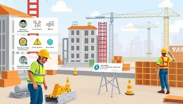An online safety training platform interface featuring interactive safety modules, animated safety demonstrations, and real-life construction scenarios for users to practice safety protocols, emphasizing a dynamic and immersive learning experience in construction safety training.