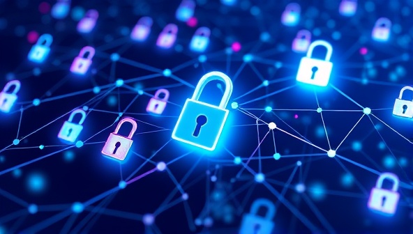 An illustration of a blockchain network connecting web designers and clients in a secure marketplace, with digital keys and locks symbolizing data protection and trust, emphasizing the safe and transparent environment of BlockDesignMarket.