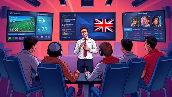 A dynamic esports coaching session illustration featuring a coach providing strategic advice to a group of players in a competitive gaming environment, with screens displaying game analytics, team strategies, and player performance metrics, emphasizing the professional and educational aspects of the esports coaching platform in a high-energy setting.