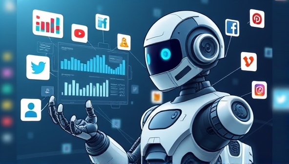 An illustration of a futuristic robot with a screen displaying social media analytics, interacting with various social media platforms, representing the AI-powered social media marketing assistant in action.