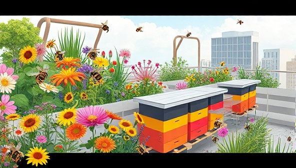 An artistic illustration of a vibrant rooftop garden filled with blooming flowers and busy bees buzzing around colorful beehives, showcasing a picturesque urban oasis supporting pollination and honey production.