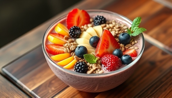 An artistic depiction of a refreshing breakfast smoothie bowl garnished with vibrant fruits, nuts, and seeds, presented elegantly on a wooden table, exuding a sense of health and vitality associated with the Morning Bliss Box subscription service.