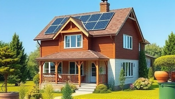 An artistic representation of a traditional house being transformed into a modern eco-friendly home, featuring solar panels on the roof, energy-efficient windows, and a lush garden surrounding the property, symbolizing sustainability and innovation in real estate renovation.