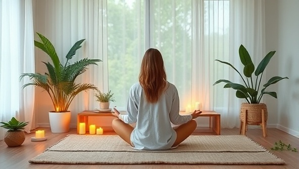 A serene and calming virtual wellness retreat setting featuring a mindfulness coach leading a meditation session, surrounded by soothing nature sounds, candles, and tranquil decor elements, creating a peaceful and revitalizing atmosphere for mental rejuvenation and self-care.