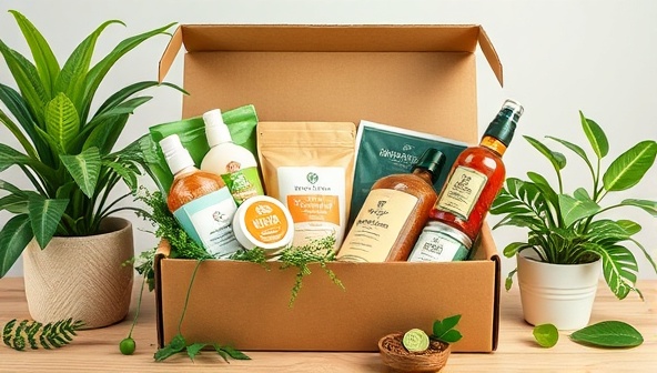 An eco-friendly subscription box filled with biodegradable products, reusable items, and organic goodies, surrounded by greenery and natural elements, evoking a sense of eco-conscious living and sustainability.