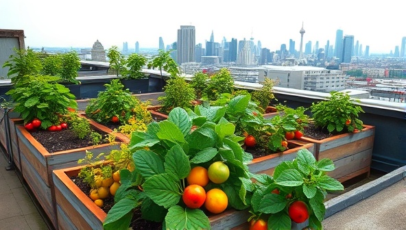 A captivating image of a lush rooftop garden filled with a variety of vibrant fruits and vegetables growing in planter boxes, with a city skyline in the background, illustrating the juxtaposition of urban living and sustainable agriculture.