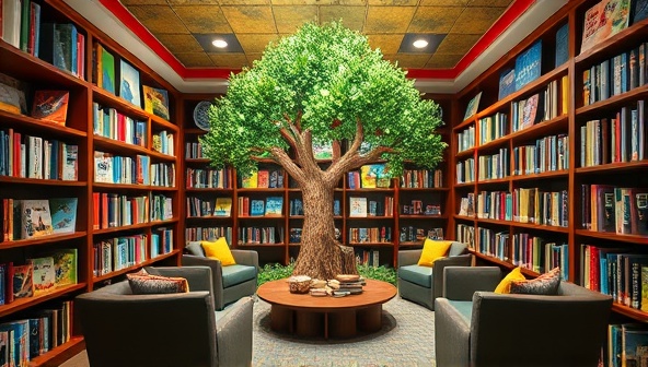 An enchanting library setting with shelves filled with colorful personalized storybooks, a cozy reading corner with plush seating, and a magical storytelling tree in the center, creating a whimsical and immersive reading environment for all ages.