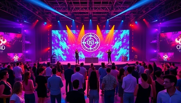 A vibrant virtual concert stage with virtual avatars of music artists performing live, surrounded by a diverse audience of attendees interacting, dancing, and enjoying the immersive concert experience in a dynamic and visually stunning virtual environment of VR Concert Realm.