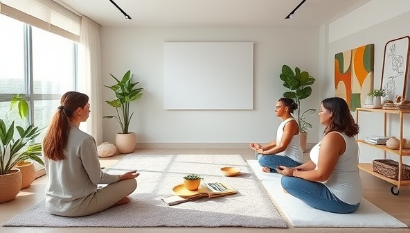 A serene virtual wellness room with soothing colors, relaxation aids, and mindfulness resources, featuring a therapist guiding a mindful meditation session and a diverse group of individuals practicing self-care and mental well-being exercises, illustrating support and connection in a virtual mental health space.