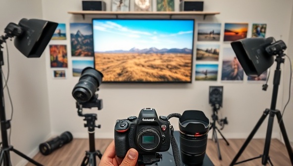 A virtual photography studio setup with cameras, lenses, editing software, and travel photography prints on display, creating an inspiring and creative environment for learning and capturing visual stories.