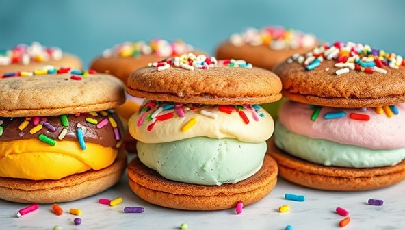 An aesthetically pleasing display of artfully crafted ice cream sandwiches featuring vibrant ice cream flavors sandwiched between decadent cookies, brownies, or churros, garnished with colorful sprinkles and toppings, invoking a sense of whimsical indulgence and creativity in frozen desserts.
