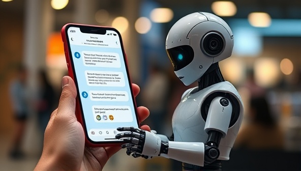 An AI chatbot interacting with customers on a mobile device, providing instant and helpful responses, demonstrating the efficiency and convenience of the AI-powered chatbot marketing assistant.