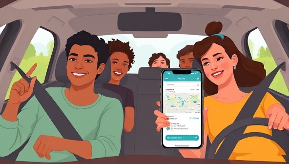 An illustrative image showing a diverse group of commuters sharing a ride in a carpool, emphasizing the community and sustainability aspects of CommuteConnect, with a digital overlay of the app interface showcasing route matching and cost-sharing features.