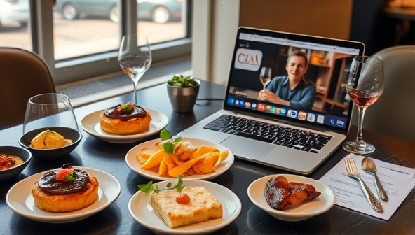 An elegantly arranged virtual tasting setup with a selection of gourmet foods, tasting notes, and a laptop displaying a live-streamed session with a food expert guiding participants through the tasting experience, creating a sophisticated and engaging ambiance for TasteVirtuoso's virtual food events.