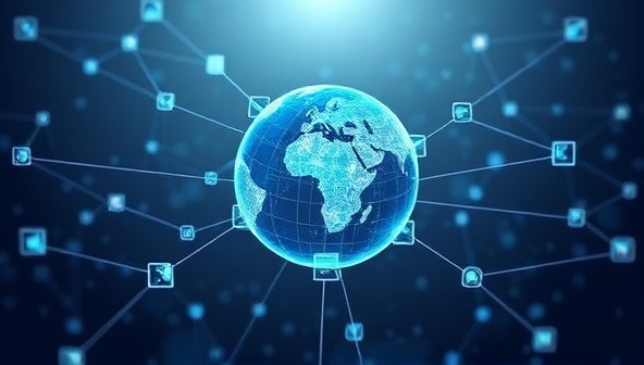 An artistic visualization of interconnected blocks representing blockchain technology, forming a secure and transparent network around a globe symbolizing global transactions and data integrity, illustrating the concept of blockchain-powered web solutions in a visually compelling manner.