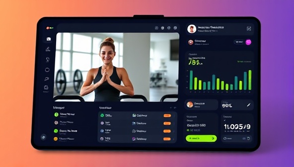 A dynamic and modern digital interface showing a virtual fitness coach guiding a user through a workout session via a video call, with interactive workout plans and progress tracking features displayed on the screen.