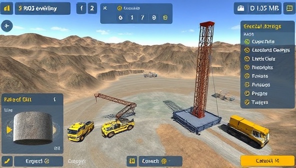 A dynamic and engaging simulation interface displaying a virtual mining exploration site with geological formations, drilling equipment, and interactive tools for users to practice exploration techniques and decision-making skills, creating an immersive and educational experience for ExploreMine Simulations users.