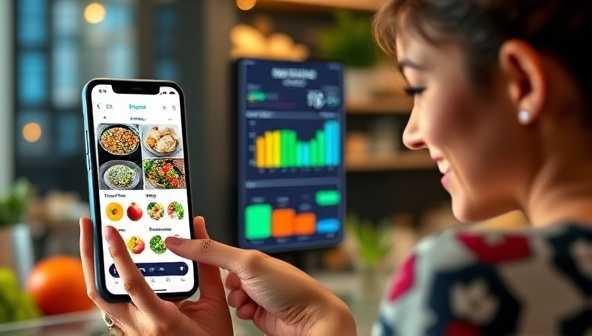 An engaging visualization of the NutriScan AI app interface displaying colorful nutritional charts and food images, with a smiling user interacting with the app on a mobile device, showcasing the simplicity and effectiveness of personalized nutritional analysis.