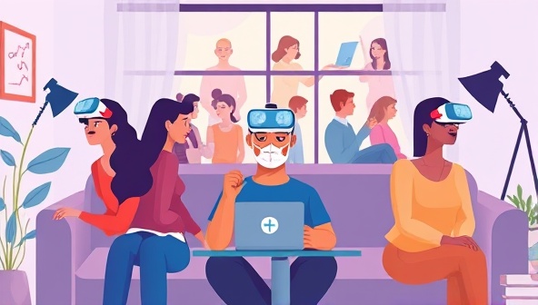 An engaging digital illustration showcasing a diverse group of individuals participating in a virtual clinical trial from the comfort of their homes, with virtual reality headsets and digital interfaces, symbolizing innovation and inclusivity in medical research.