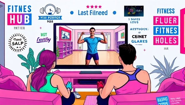 An energetic digital artwork depicting a virtual fitness coach leading a group workout session on a screen, with participants following along from their homes, surrounded by motivational fitness quotes and vibrant workout gear, conveying the dynamic and interactive nature of FitFlow Hub's virtual fitness coaching platform.