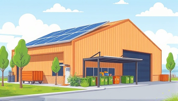 An illustration of a modern warehouse facility powered by solar panels, with greenery and recycling bins integrated into the design, symbolizing eco-friendly warehousing practices.