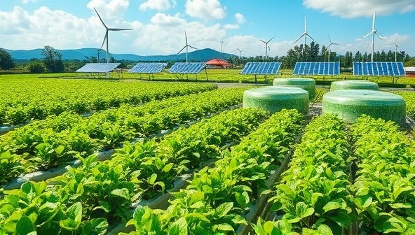 A lush aquaponics farm landscape with a harmonious blend of green plants, fish tanks, solar panels, and wind turbines, showcasing a self-sustaining ecosystem that produces organic food while harnessing renewable energy sources, embodying sustainability and innovation.