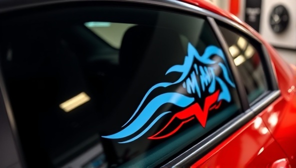A vibrant and dynamic image showcasing a car window with a professionally applied tint film featuring a custom graphic design, reflecting the studio's attention to detail and artistic flair in vehicle customization.