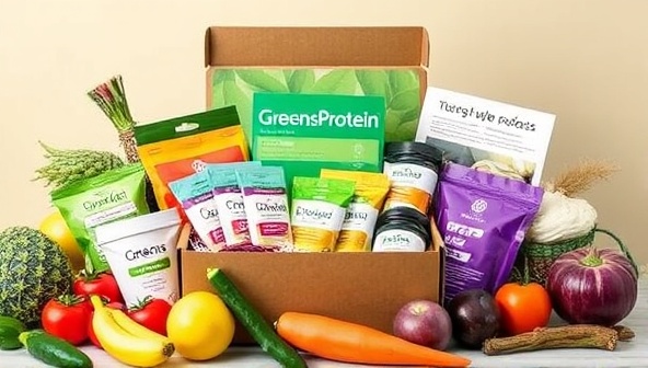 An appetizing display of a GreensProtein Box filled with colorful plant-based protein products, superfoods, and recipe cards, surrounded by fresh fruits and vegetables, conveying a vibrant and wholesome image of sustainable nutrition and healthy eating habits.