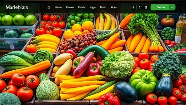 A vibrant online marketplace interface showing a diverse array of colorful fruits and vegetables with farm backgrounds, conveying freshness and variety.