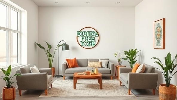 A serene digital-free zone with calming colors, cozy seating, and nature-inspired decor, inviting individuals to relax, unwind, and engage in mindfulness practices away from screens and distractions, creating a peaceful and rejuvenating atmosphere for digital detox and self-care.