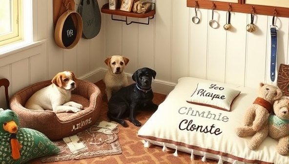 A cozy pet corner featuring personalized pet accessories like custom pet tags, embroidered pet beds with pet names, and stylish pet collars, surrounded by playful pet toys and treats, evoking a sense of luxury and care for beloved pets.