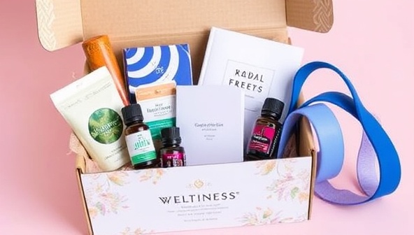 An elegant, branded box overflowing with vibrant wellness products like herbal teas, essential oils, resistance bands, and a gratitude journal, symbolizing a holistic approach to well-being.