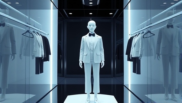 An elegant and futuristic virtual fitting room where an AI avatar presents different outfit suggestions to a user, creating a seamless and interactive styling experience.