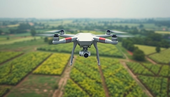 A captivating aerial view captured by a drone flying over lush green farmland, showcasing the potential of drone technology in monitoring crops and optimizing agricultural practices, evoking a sense of innovation and efficiency.