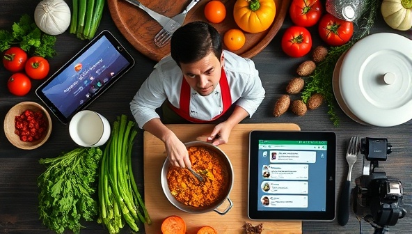 An overhead shot of a virtual cooking class setup with a chef demonstrating a recipe on camera, surrounded by fresh ingredients, cooking utensils, and a digital tablet displaying live chat interactions from subscribers following along with the class, creating a dynamic and interactive culinary learning environment.
