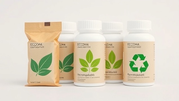 An image of innovative eco-friendly medication packaging made from biodegradable materials, adorned with green leaf motifs and recyclable symbols, conveying a message of sustainability and environmental responsibility in healthcare.