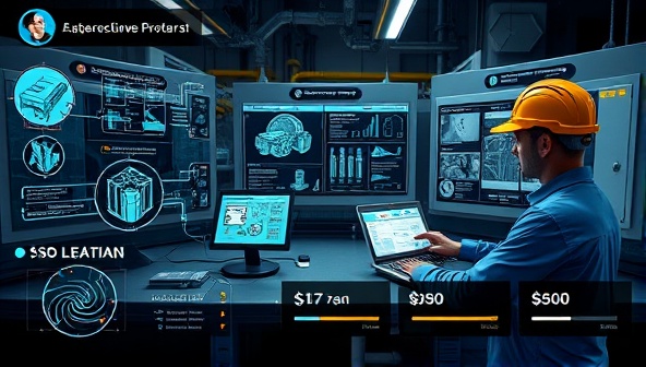 A virtual training environment showing technicians using digital tools to troubleshoot and maintain industrial equipment, with detailed equipment schematics, interactive modules, and progress indicators, illustrating the immersive and hands-on nature of the training program.