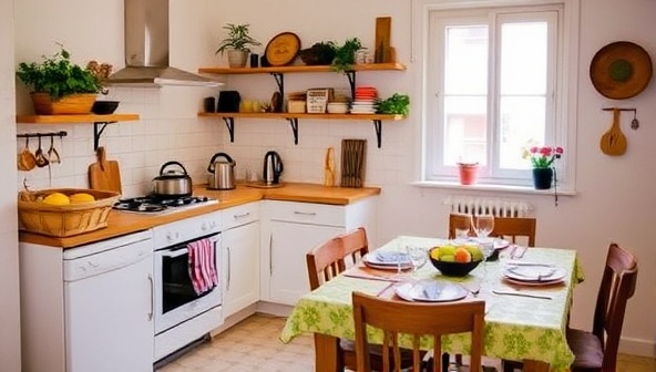 A charming kitchen and dining area in a culinary-themed Airbnb accommodation adorned with local produce, cooking utensils, and dining table settings, inviting guests to immerse themselves in the vibrant and flavorful world of FlavorQuest Stays.