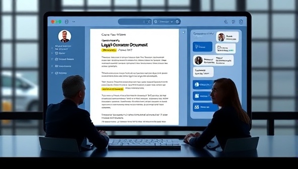 An image of a digital platform interface showing a legal document being reviewed by a team of professionals, with comments and suggestions highlighted, conveying a sense of expertise and efficiency in the review process.