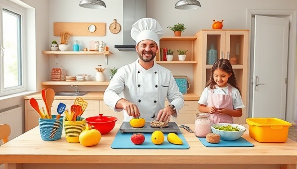 An engaging virtual classroom setting with colorful cooking utensils and ingredients displayed on a child-friendly kitchen counter, with a cheerful chef guiding young participants through a fun and educational cooking session.