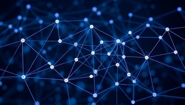 An interconnected network of blockchain nodes forming a digital web structure, symbolizing the decentralized and secure nature of BlockWeb Designs as a marketplace for web designers and clients to connect and transact efficiently.