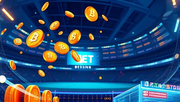 A futuristic illustration of digital coins flowing into a virtual betting arena, symbolizing the integration of cryptocurrencies and betting on the CryptoBetX platform, with dynamic visuals and blockchain elements highlighting security and transparency.