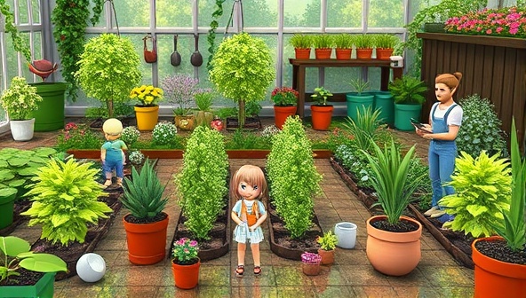 A lush virtual garden setting with animated plants, flowers, and gardening tools, surrounded by avatars of gardening enthusiasts tending to their virtual gardens, creating a vibrant and interactive space for plant lovers to connect and share their passion for gardening.