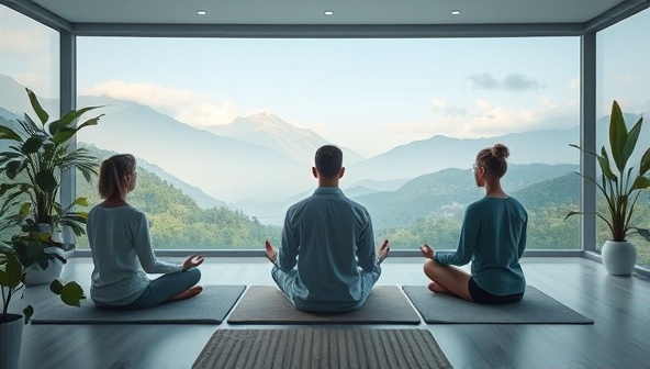 A serene virtual mindfulness session scene with users practicing meditation and mindfulness exercises together in a calming digital environment, surrounded by tranquil nature visuals and soothing sounds, creating a harmonious and stress-relieving atmosphere for mental wellness and self-care.