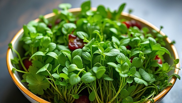 An elegant shot of a variety of fresh, vibrant microgreens arranged in a stylish serving dish, highlighting the freshness and nutritional value of the subscription service.